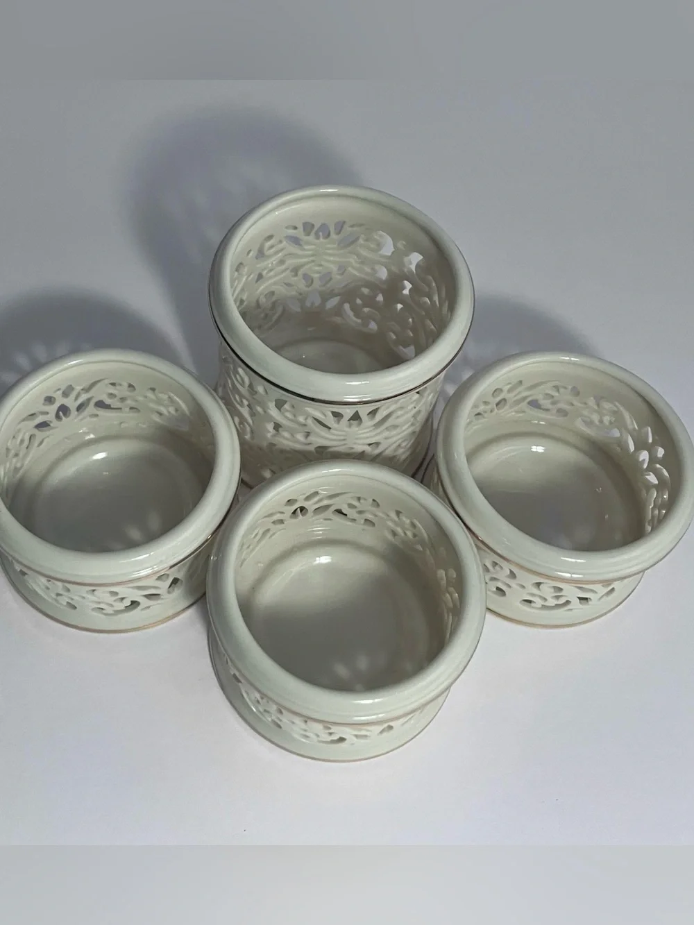 4 LENOX ILLUMINATIONS Pierced VOTIVE CANDLE HOLDERS / Elegant IVORY BONE CHINA